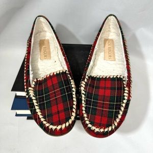 Jack Rogers Millie Moccasins Plaid Gold Sherpa Lined Size 9